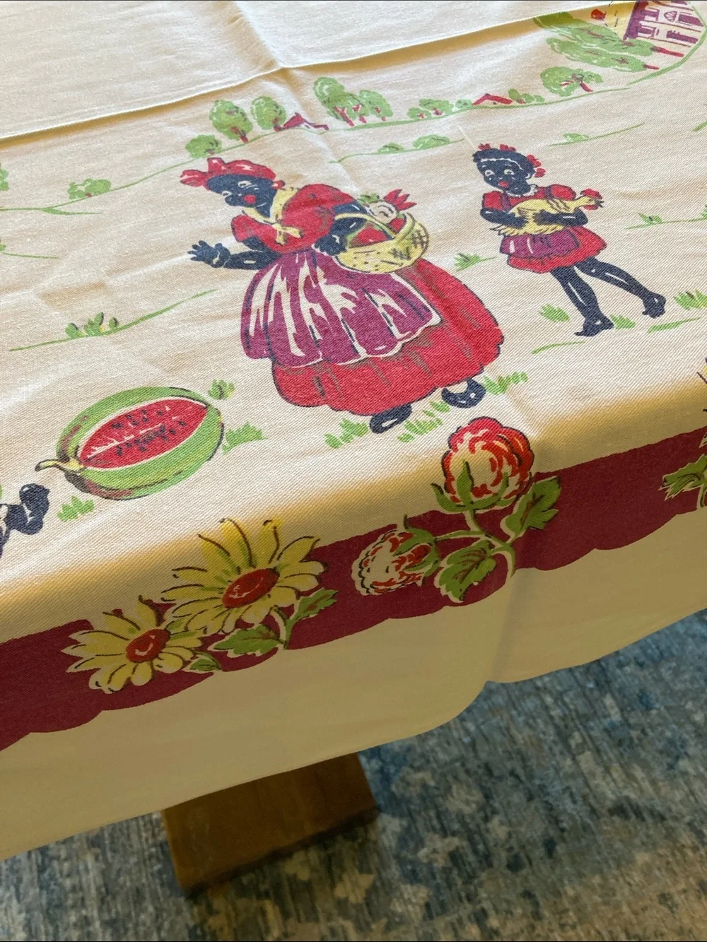 Vintage African Americana Cotton Tablecloth Rare Mammy & Family‎ Work On Farm